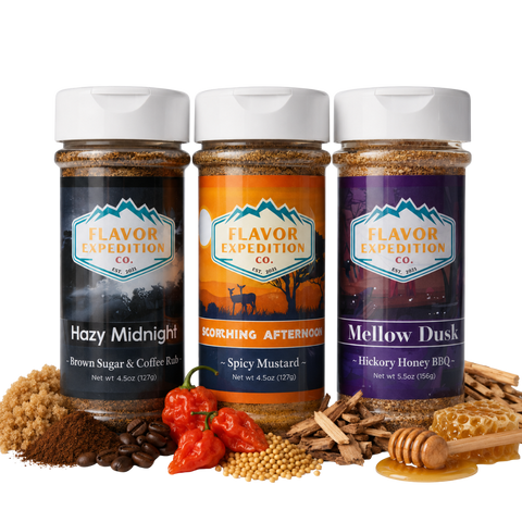 Three jars of Flavor Expedition Co. seasoning with ingredients on a white background