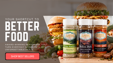 Three spice seasoning bottles labeled Flavor Expedition are displayed on a wooden surface with burgers, steak, and vegetables in the background. Large text on the left reads 'YOUR SHORTCUT TO BETTER FOOD' with a red 'SHOP BEST SELLERS' button below.