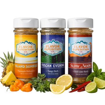 Three jars of Flavor Expedition Co. spices with corresponding ingredients on a white background