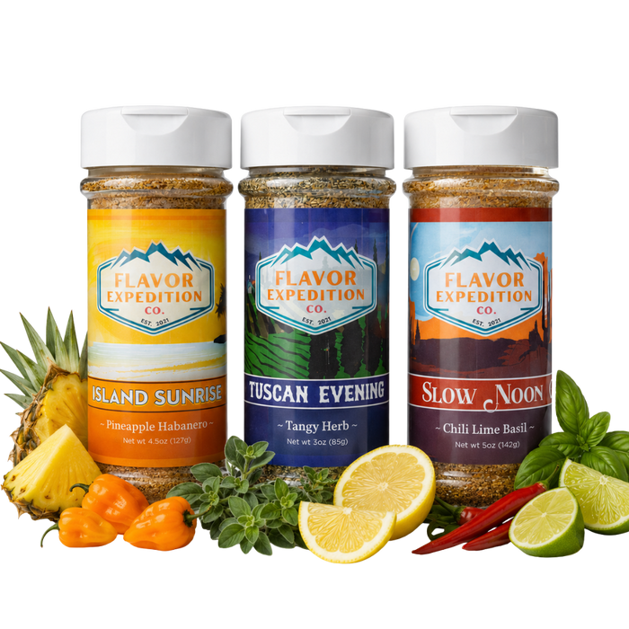 Three jars of Flavor Expedition Co. spices with corresponding ingredients on a white background