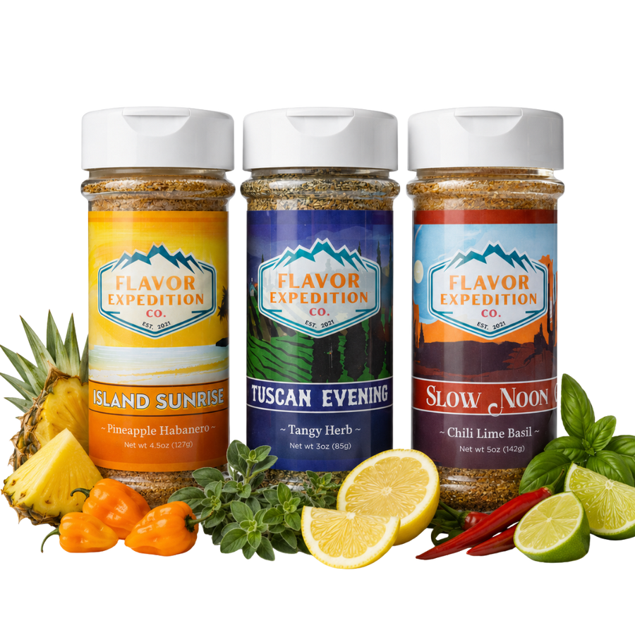 Three jars of Flavor Expedition Co. spices with corresponding ingredients on a white background