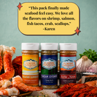 Three seasoning bottles with labels on a background of seafood and herbs, featuring a quote from Karen.