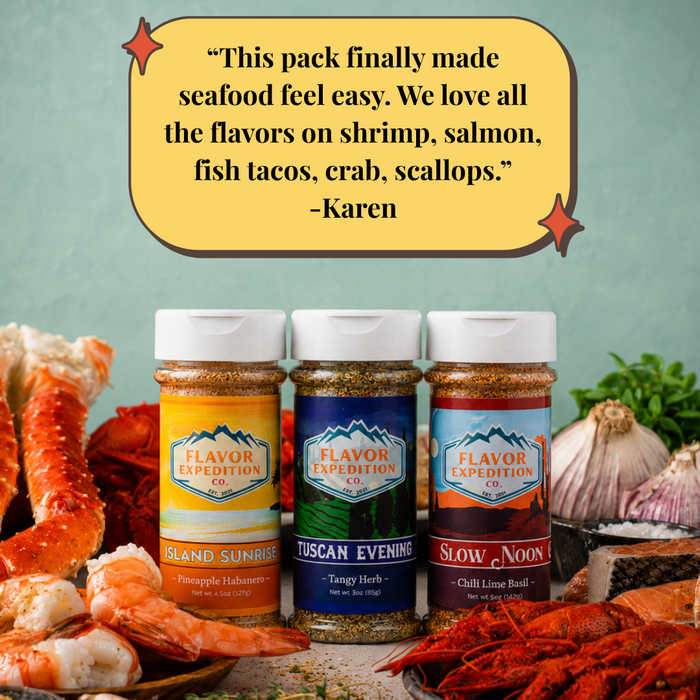 Three seasoning bottles with labels on a background of seafood and herbs, featuring a quote from Karen.
