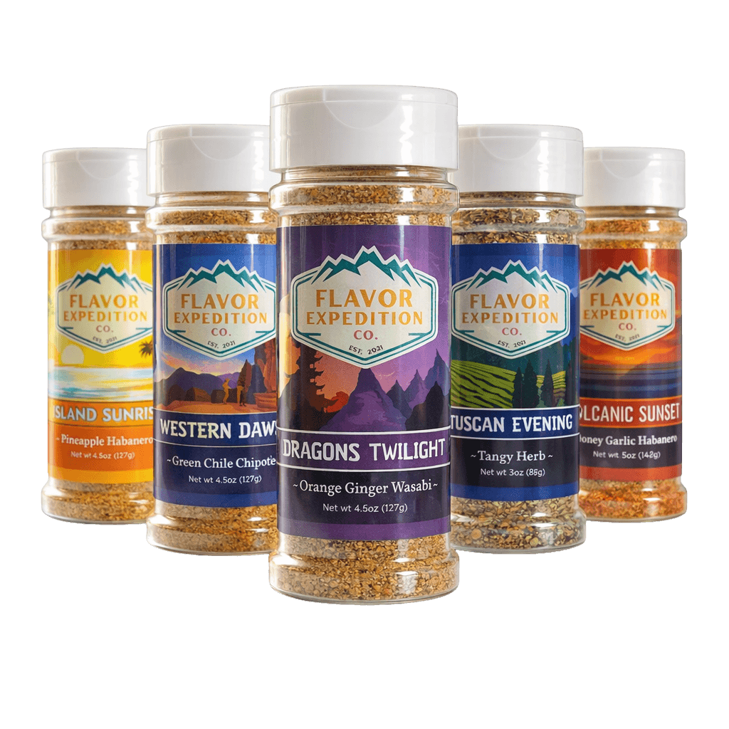 Collection of Flavor Expedition Co. spice jars with various labels on a black background