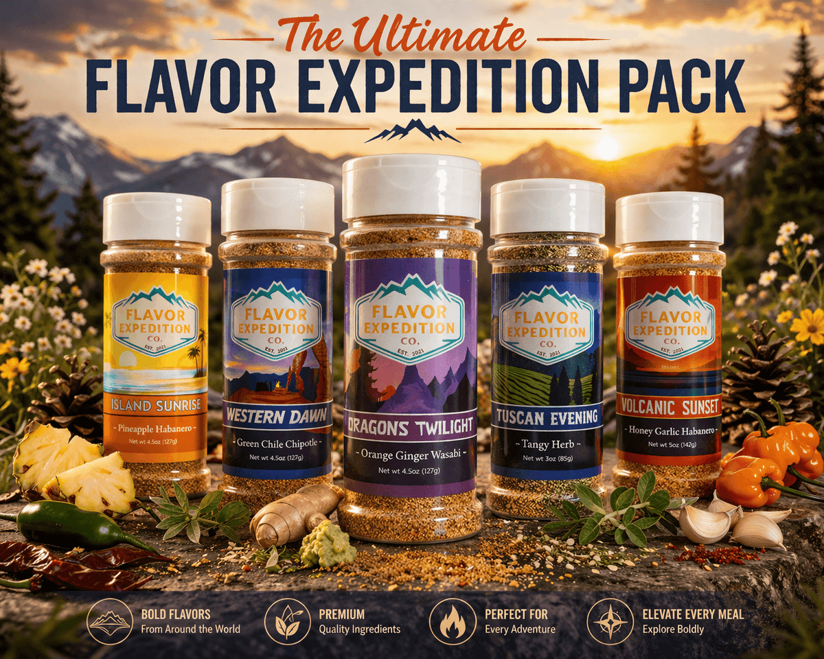Collection of Flavor Expedition spice jars with scenic background