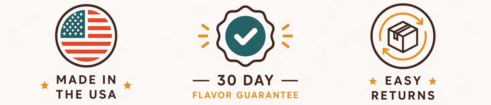 Made in the USA, 30-day flavor guarantee, easy returns