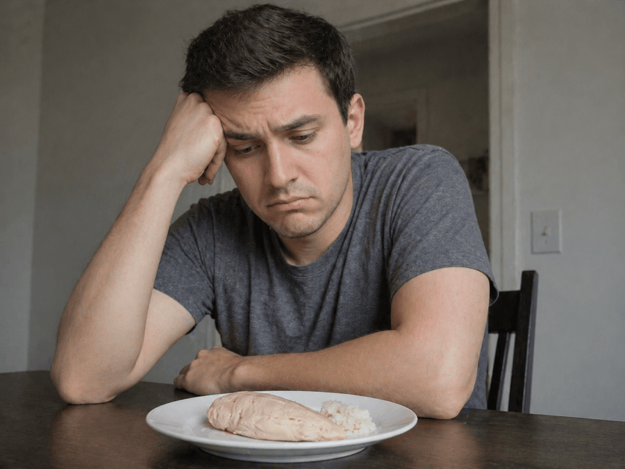 Man sitting at a table with a plate of food, looking sad.