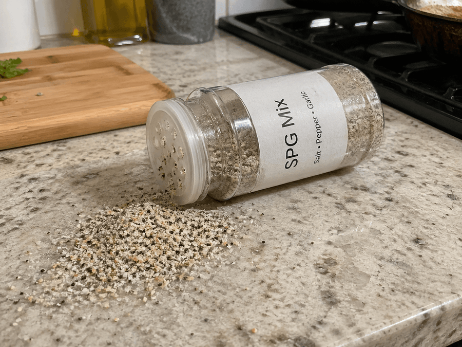 Spice jar labeled 'SPG Mix' on a kitchen counter with spilled contents.