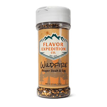 Spice jar labeled 'Flavor Expedition Co. Wildfire Reaper Steak & Egg' on a white background