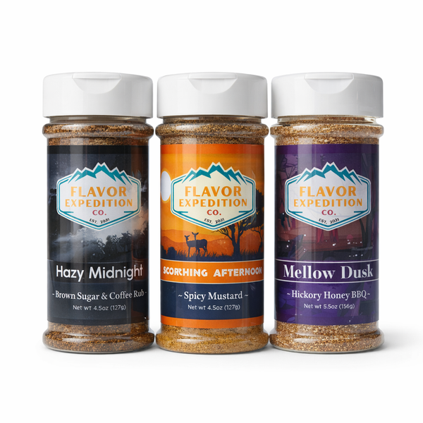 Three jars of Flavor Expedition Co. spices on a white background
