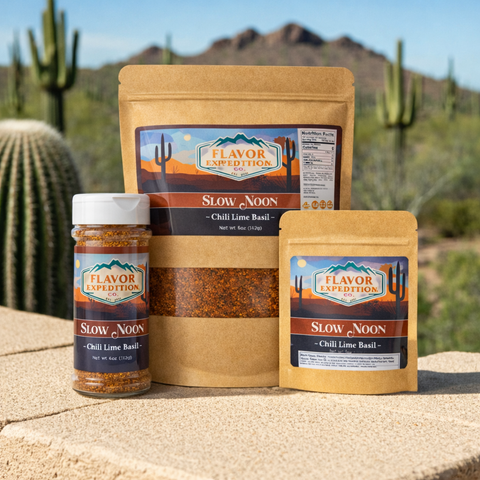 Spice packages with 'Flavor Expedition' branding against a desert background