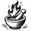 Black and white illustration of a mortar and pestle with flames and leaves on a white background