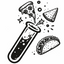 Black and white illustration of a test tube with pizza, taco, and star elements.