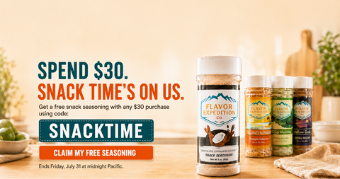 A promotional ad for Snacktime seasoning from Flavor Expedition Co. on a warm beige background.