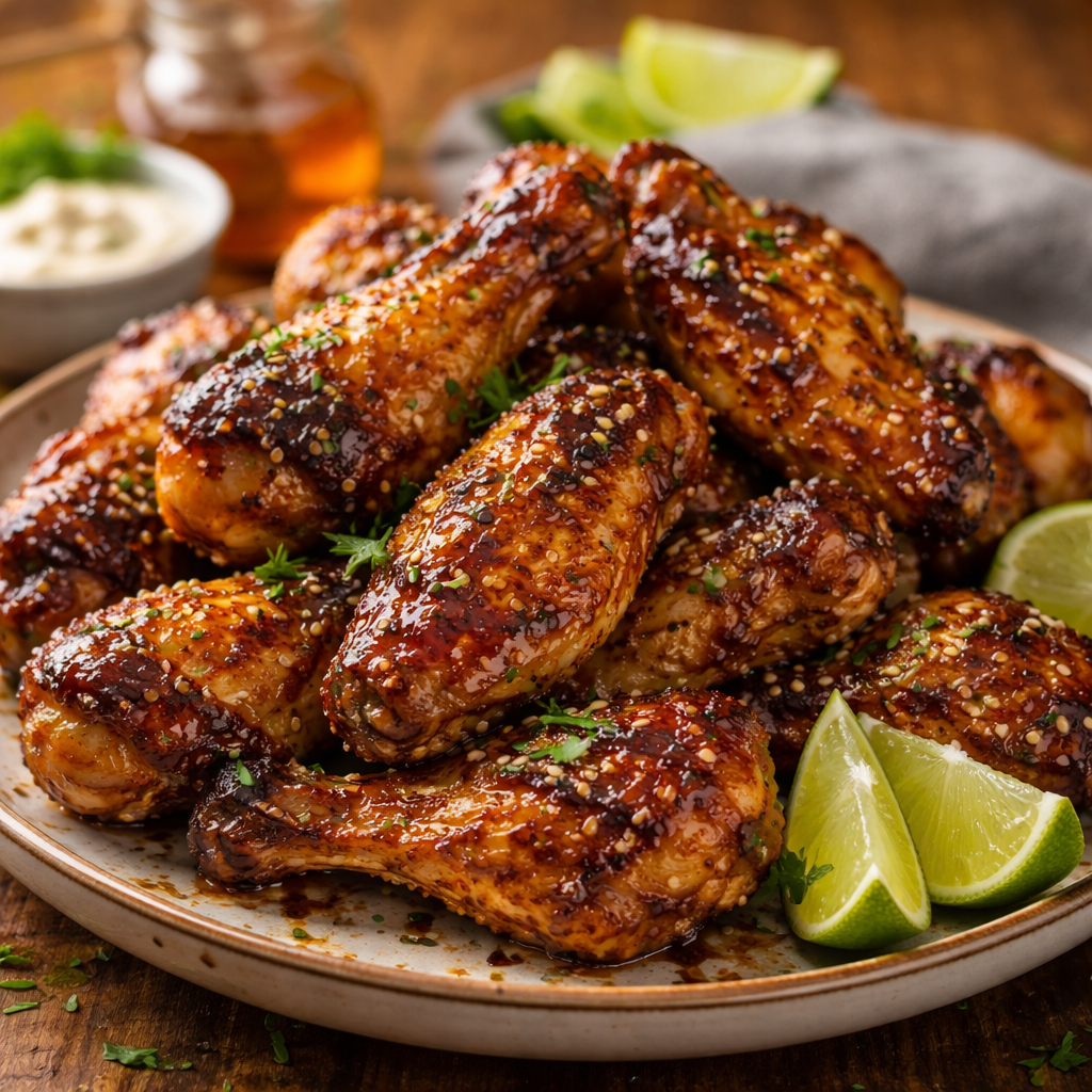 Platter of grilled chicken wings with lime wedges on a wooden table