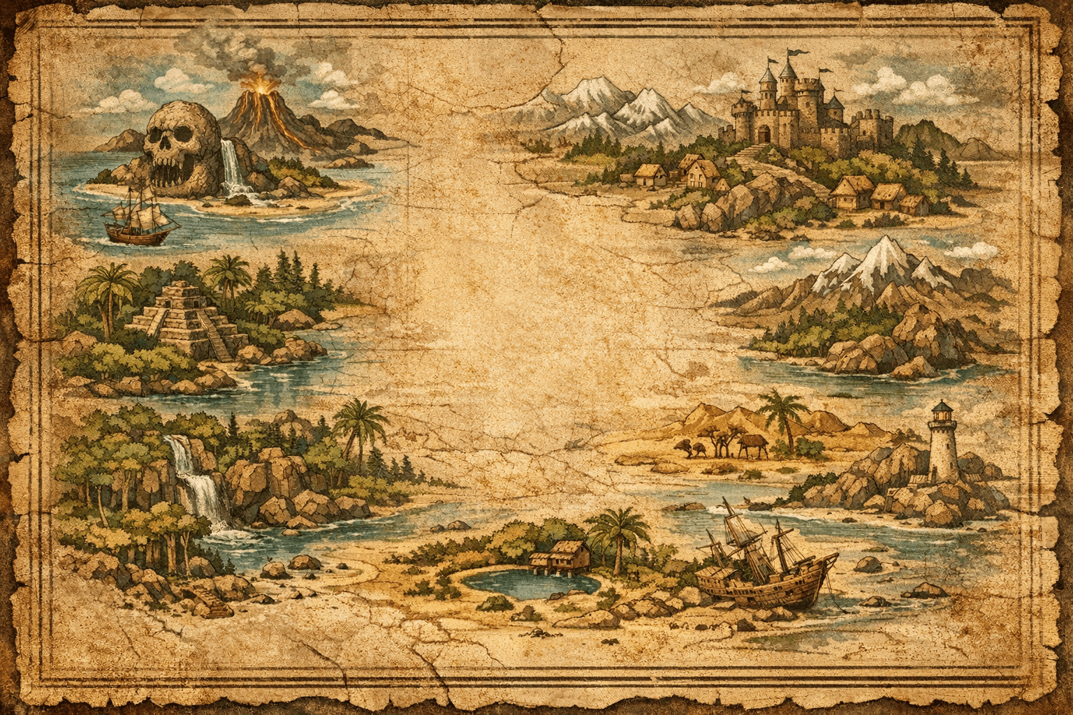 Vintage-style map with illustrations of islands, castles, and ships on a textured background.