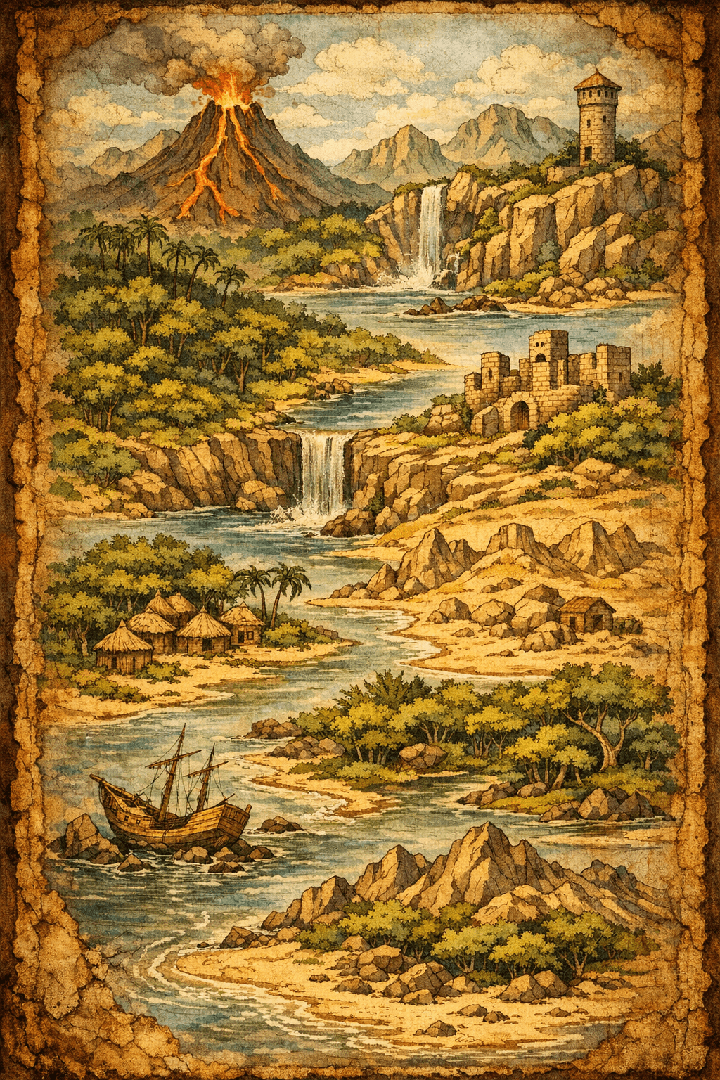 Vintage-style illustration of a tropical landscape with a volcano, waterfalls, and a shipwreck.