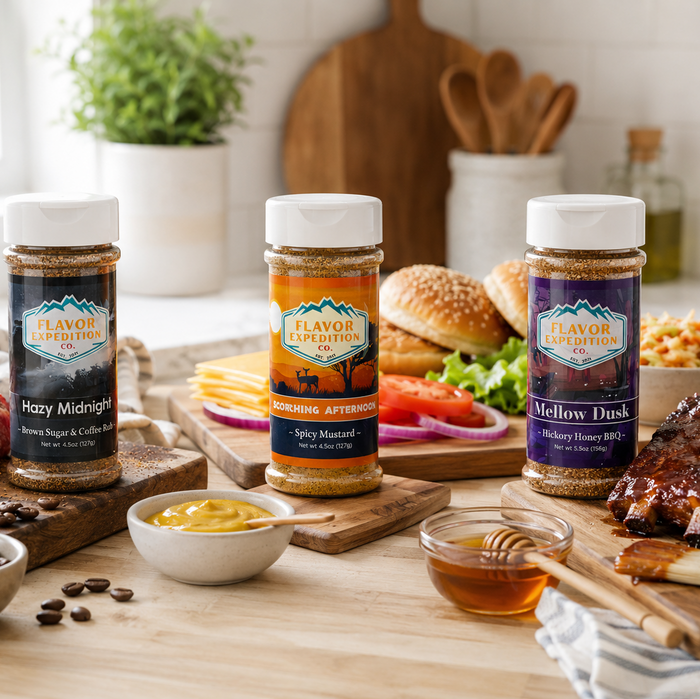 Three jars of 'Flavor Expedition' seasoning on a kitchen counter with food items.