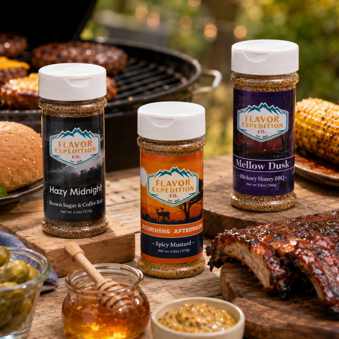 Spices and condiments on a wooden table with grilled food in the background