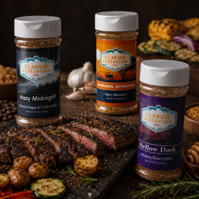 Three jars of Flavor Expedition seasoning on a wooden board with grilled meat and vegetables.