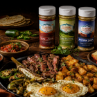 Three bottles of Flavor Expedition seasoning with a platter of food including steak, eggs, and potatoes.