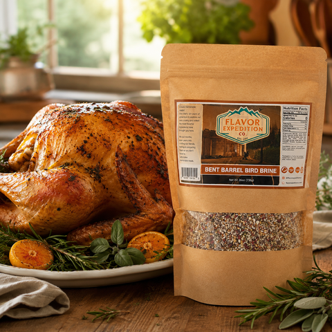 Roasted turkey on a plate with a package of Flavor Expedition Co. bird brine on a wooden table.