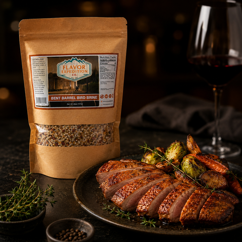 Packaged seasoning mix with a cooked dish and wine glass on a dark background