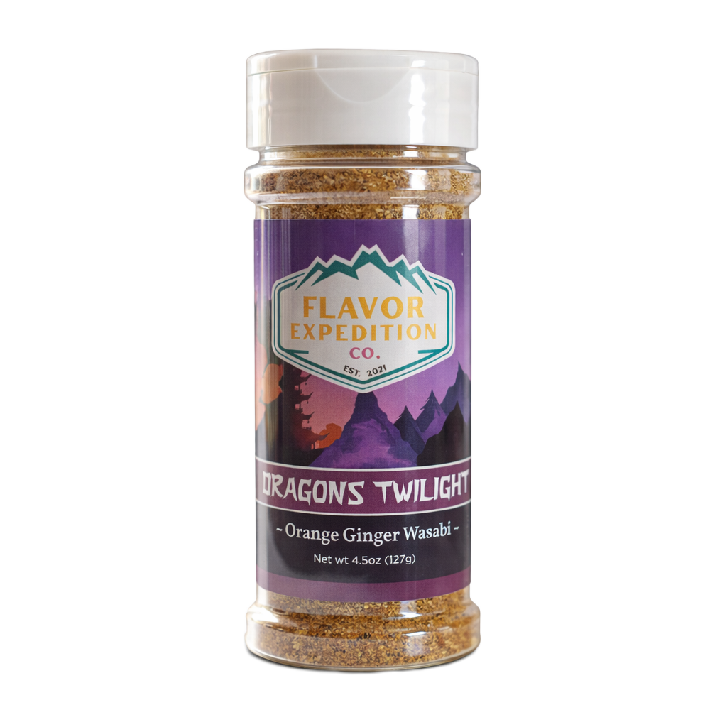 Orange Ginger Wasabi Seasoning - Dragons Twilight in a clear bottle by Flavor Expedition Co.