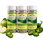 Three jars of 'Crisp Morning' Apple Jalapeño seasoning from Flavor Expedition with apples and jalapeños on a white background.