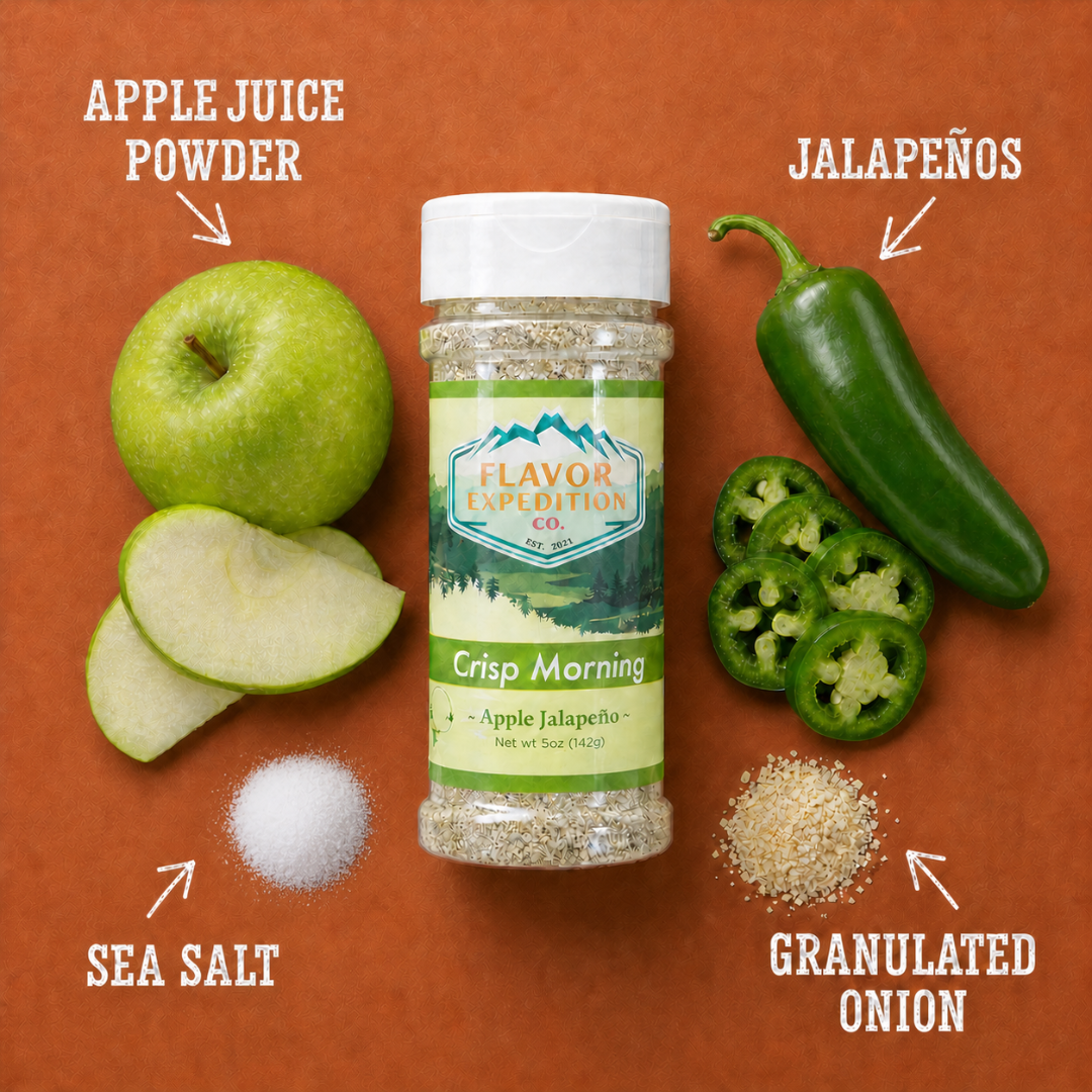 Apple Jalapeno Seasoning ingredients including apple juice powder, jalapeños, sea salt, and granulated onion.