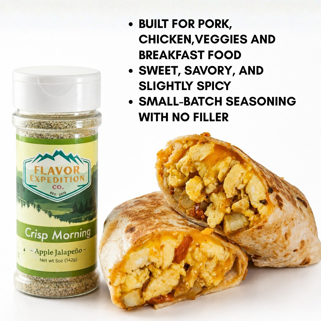 Apple Jalapeno Seasoning bottle beside a breakfast burrito showing its sweet and spicy flavor profile.