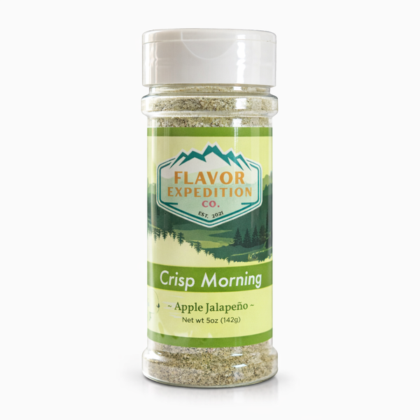 Spice jar labeled 'Crisp Morning' by Flavor Expedition Co. on a white background