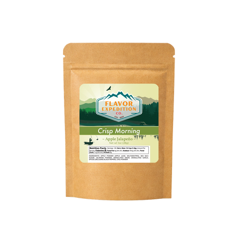 Kraft paper packaging with a label for 'Crisp Morning' flavor from Flavor Expedition Co. on a white background.