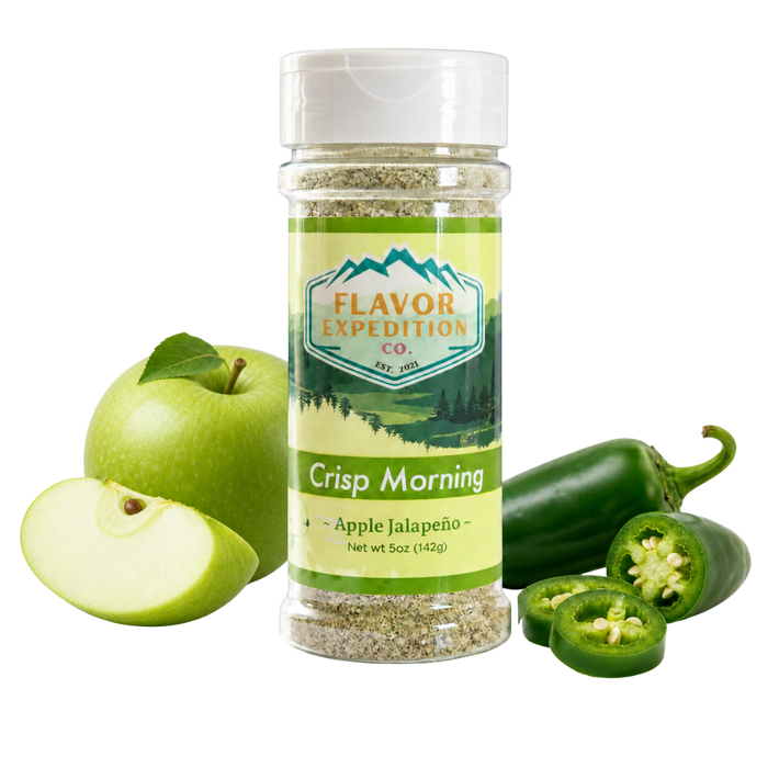 Spice jar labeled 'Crisp Morning Apple Jalapeno' by Flavor Expedition Co. with an apple and jalapenos on a white background.