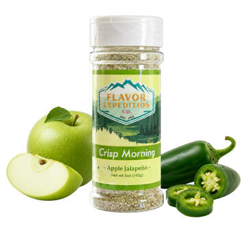 Spice jar labeled 'Crisp Morning Apple Jalapeno' by Flavor Expedition Co. with an apple and jalapenos on a white background.