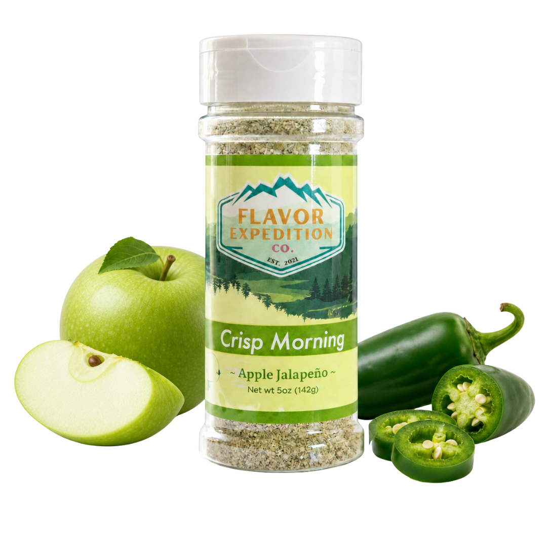 Apple Jalapeno Seasoning bottle with green apple and jalapeño, Crisp Morning flavor for culinary creations. [pack-1]
