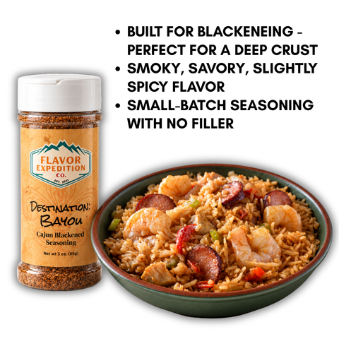 Cajun Blackened Seasoning from Flavor Expedition with flavorful blackened rice dish, smoky and spicy blend.