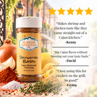 Cajun Blackened seasoning bottle with spices and testimonials, perfect for enhancing your dishes.
