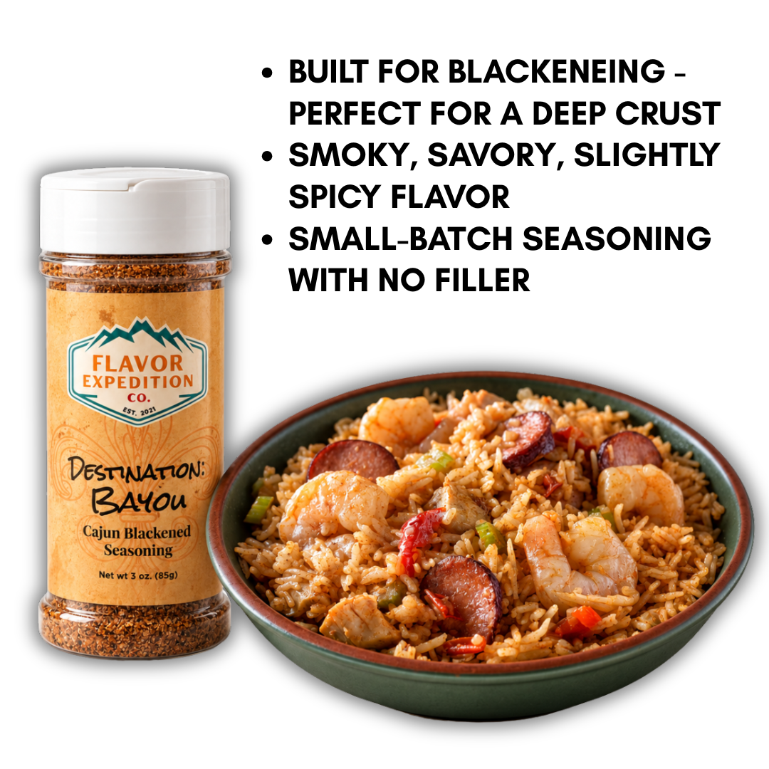 Cajun Blackened Seasoning from Flavor Expedition with flavorful blackened rice dish, smoky and spicy blend.