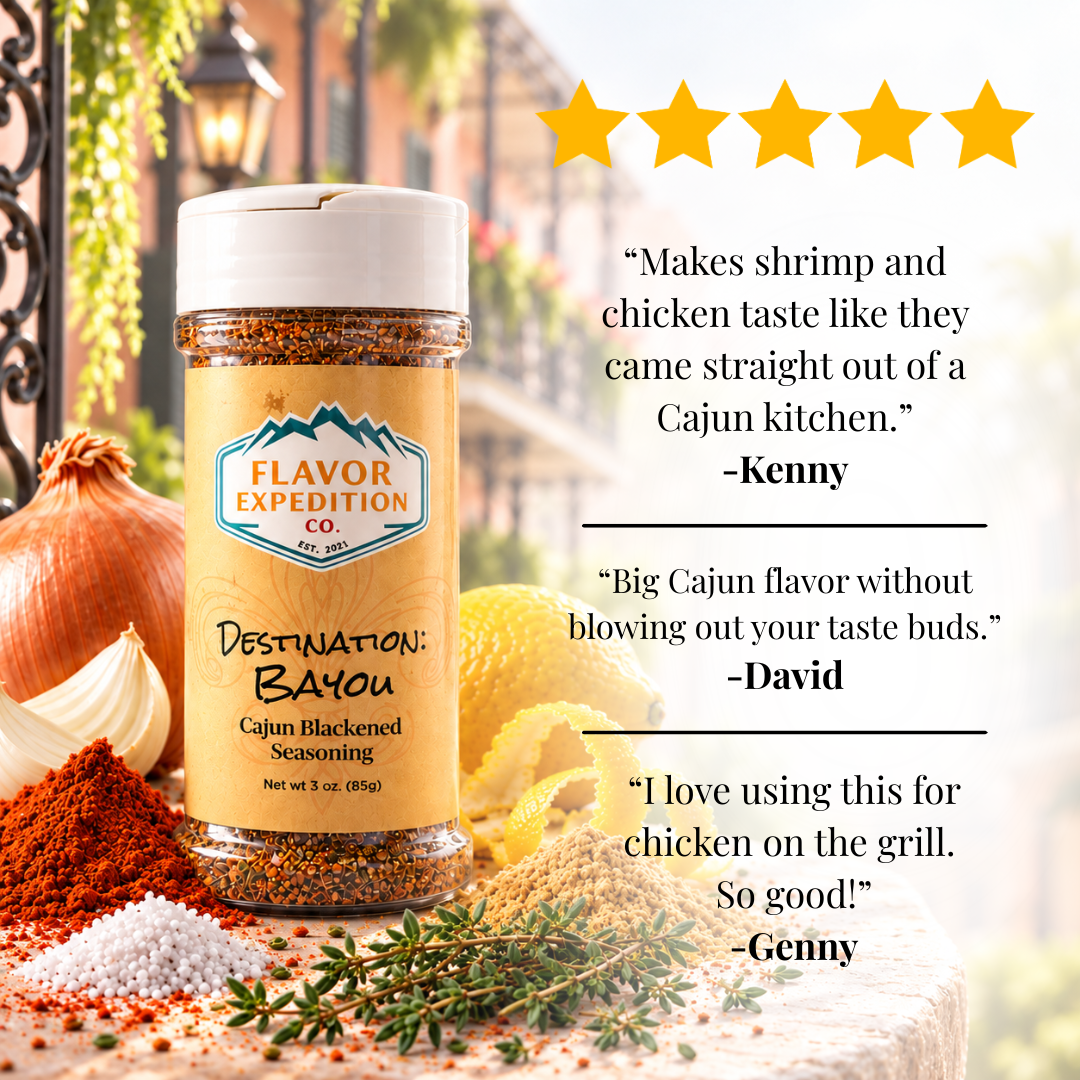 Cajun Blackened seasoning bottle with spices and testimonials, perfect for enhancing your dishes.