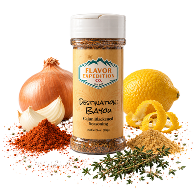 Destination Bayou seasoning bottle with onion, lemon and spices.