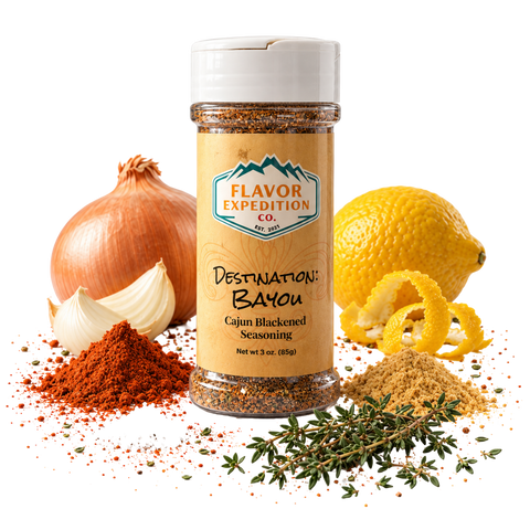 Cajun Blackened Seasoning bottle surrounded by spices, lemon, onion, and garlic for flavorful cooking. [pack-1]