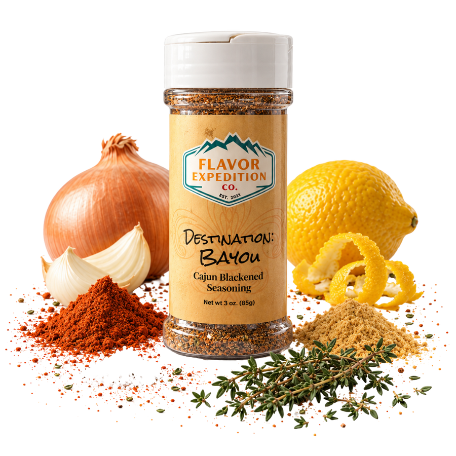 Cajun Blackened Seasoning bottle surrounded by spices, lemon, onion, and garlic for flavorful cooking. [pack-1]