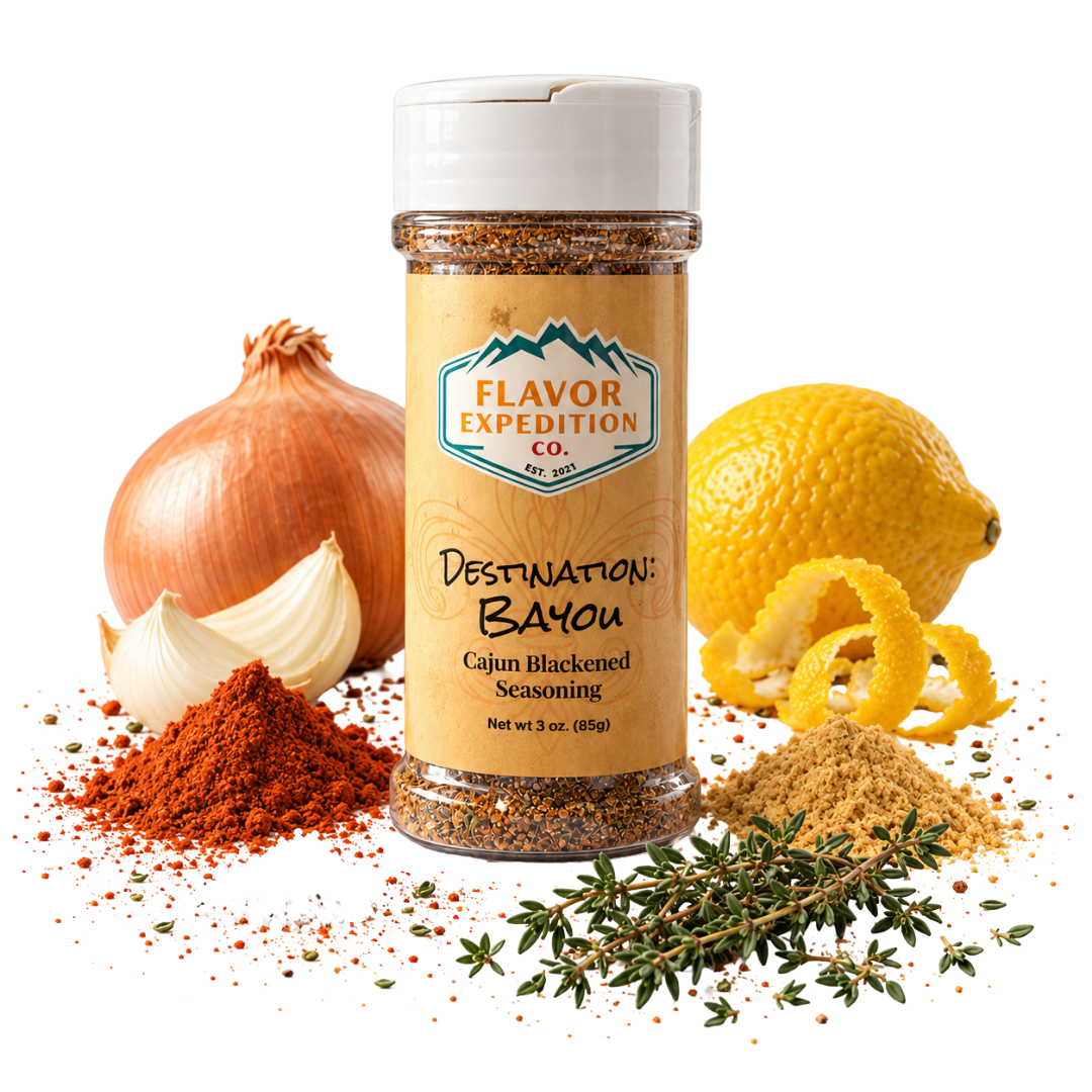 Cajun Blackened Seasoning bottle surrounded by spices, lemon, onion, and garlic for flavorful cooking. [pack-1]