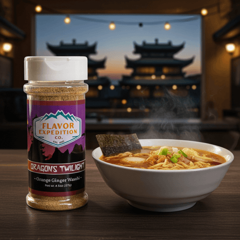Jar of 'Flavor Expedition Co.' seasoning next to a bowl of noodles with a blurred background of traditional Chinese architecture.