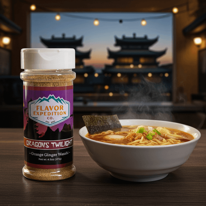 Orange Ginger Wasabi Seasoning - Dragons Twilight on a table next to a steaming bowl of soup.