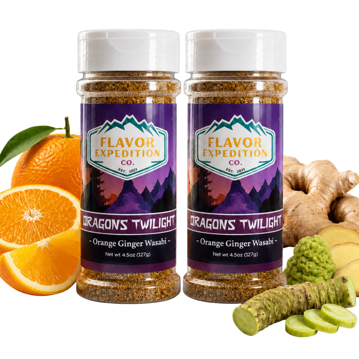 Two bottles of Orange Ginger Wasabi Seasoning - Dragons Twilight surrounded by orange, ginger, and wasabi. [pack-2]