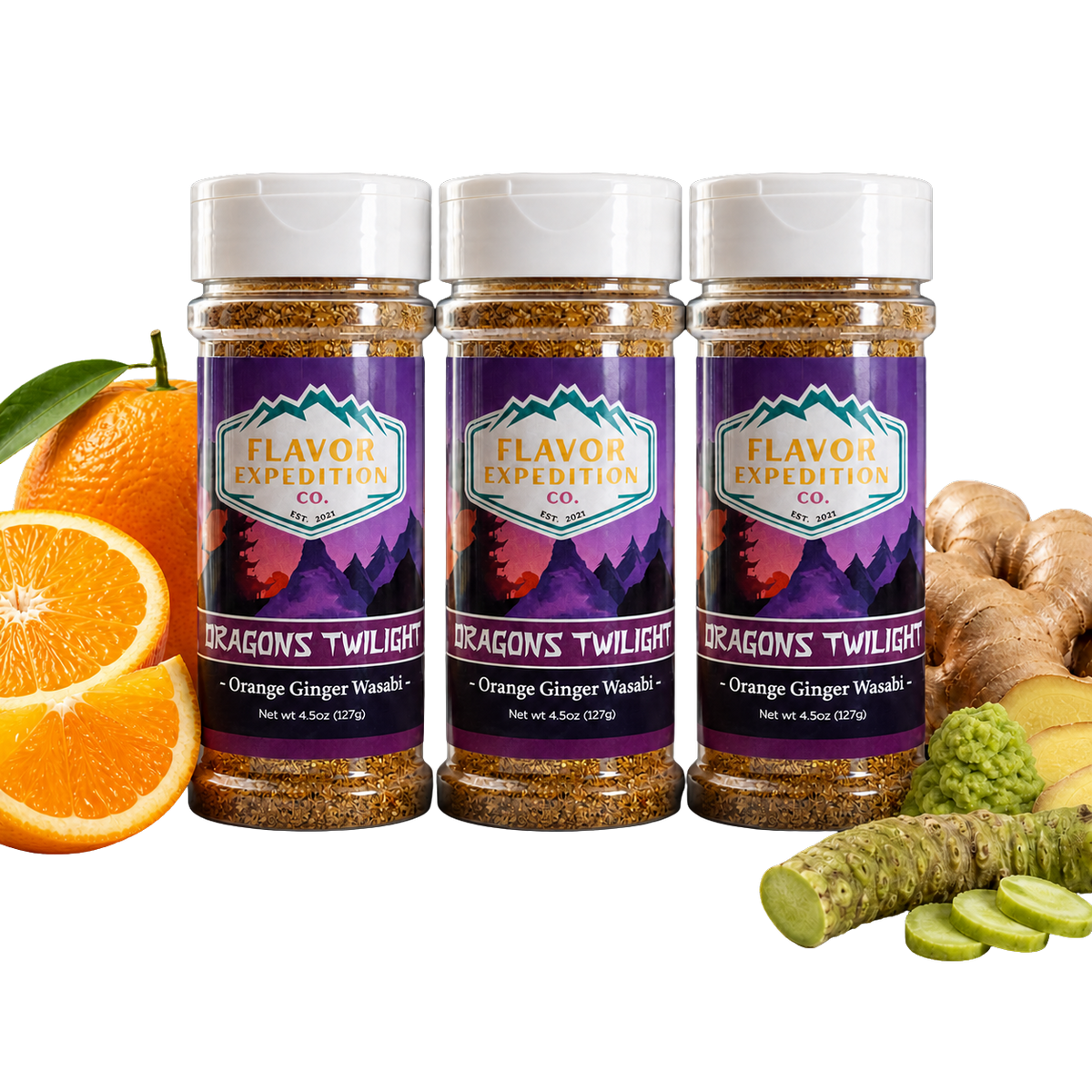 Three jars of Orange Ginger Wasabi Seasoning - Dragons Twilight with orange, ginger, and wasabi ingredients. [pack-3]