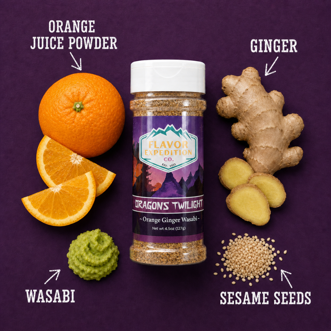 Orange Ginger Wasabi Seasoning with orange, ginger, wasabi, and sesame seeds on a dark background.