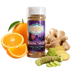 Jar of 'Dragon's Twilight' seasoning with oranges, ginger, and wasabi on a white background